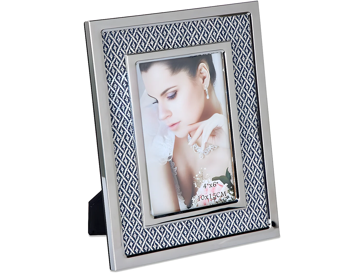 Portafoto 10*15 tela rombos gris y blanco metal plateado sintra