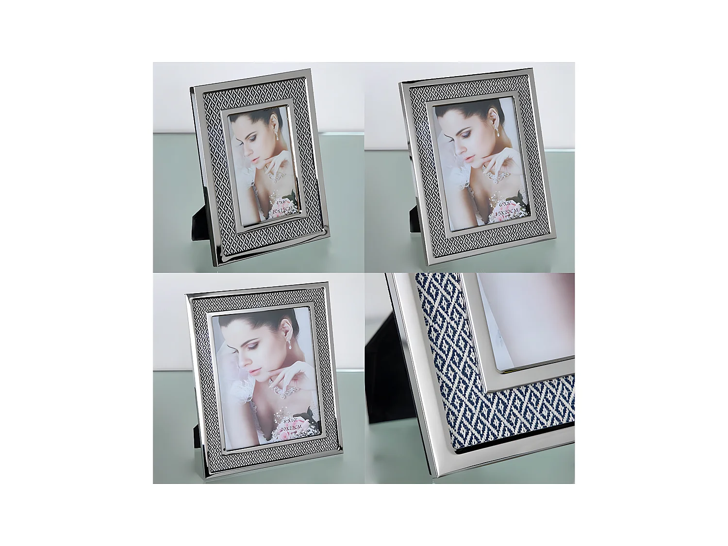 Portafoto 10*15 tela rombos gris y blanco metal plateado sintra