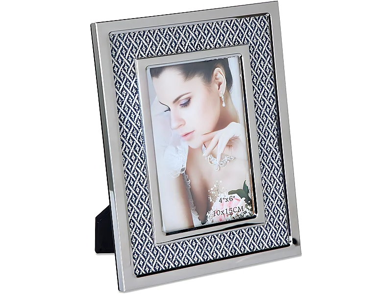 Portafoto 10*15 tela rombos gris y blanco metal plateado sintra