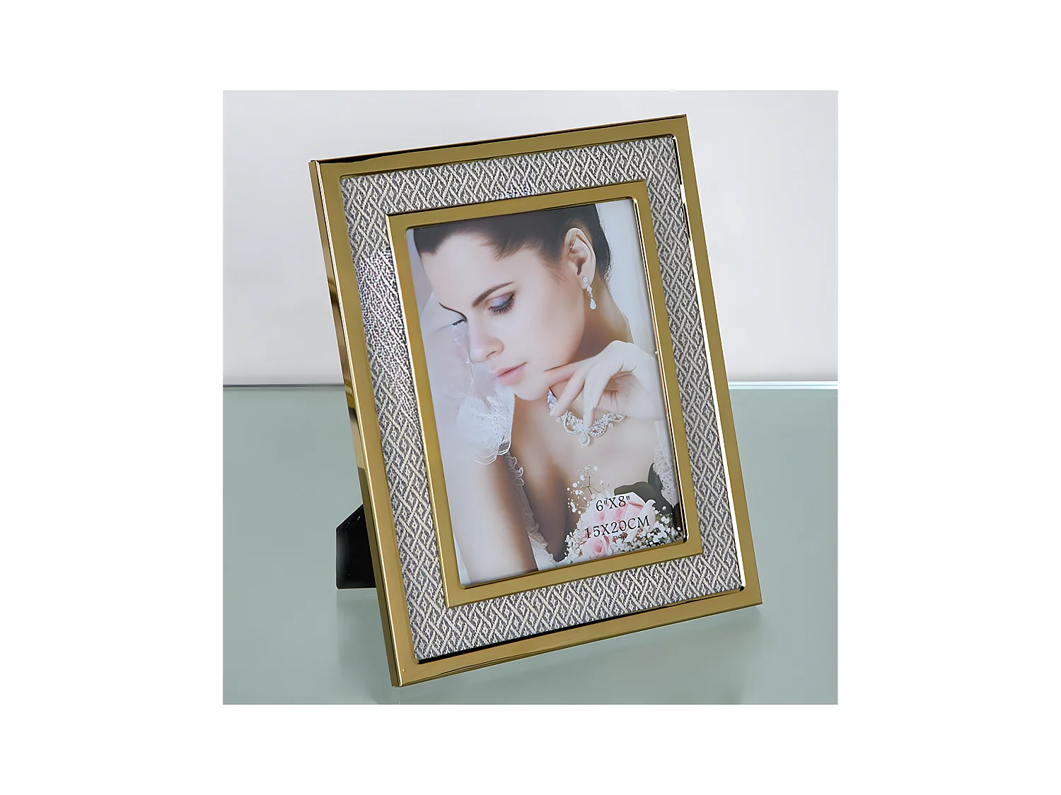 Portafoto 15*20 tela rombos beige metal dorado sintra