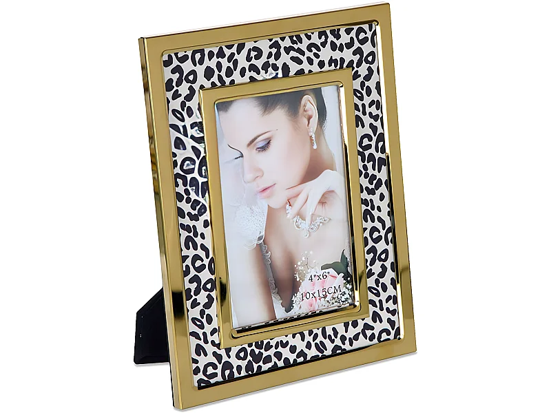 Portafoto 10*15 tela leopardo blanco y negro metal dorado sintra