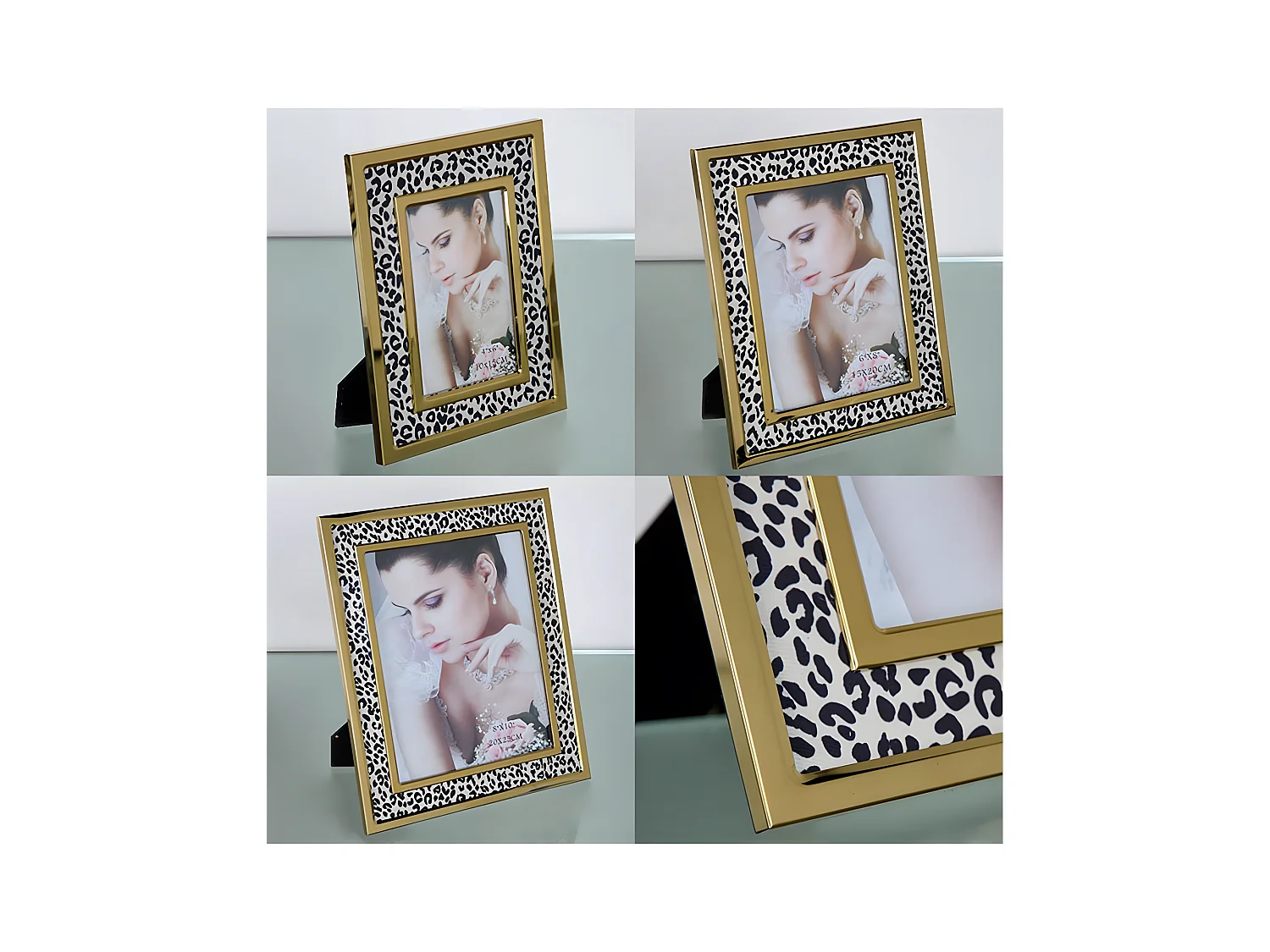 Portafoto 15*20 tela leopardo blanco y negro metal dorado sintra