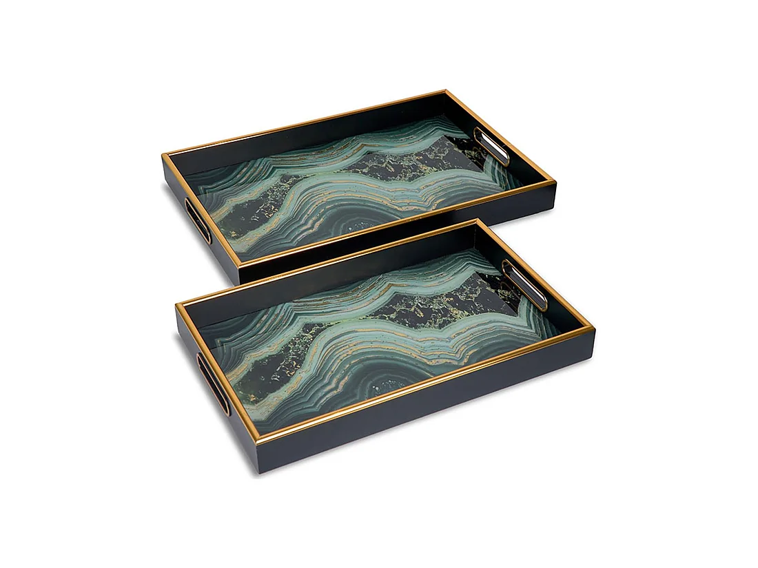 Juego de dos bandejas rectangulares con decorado mineral azul agata