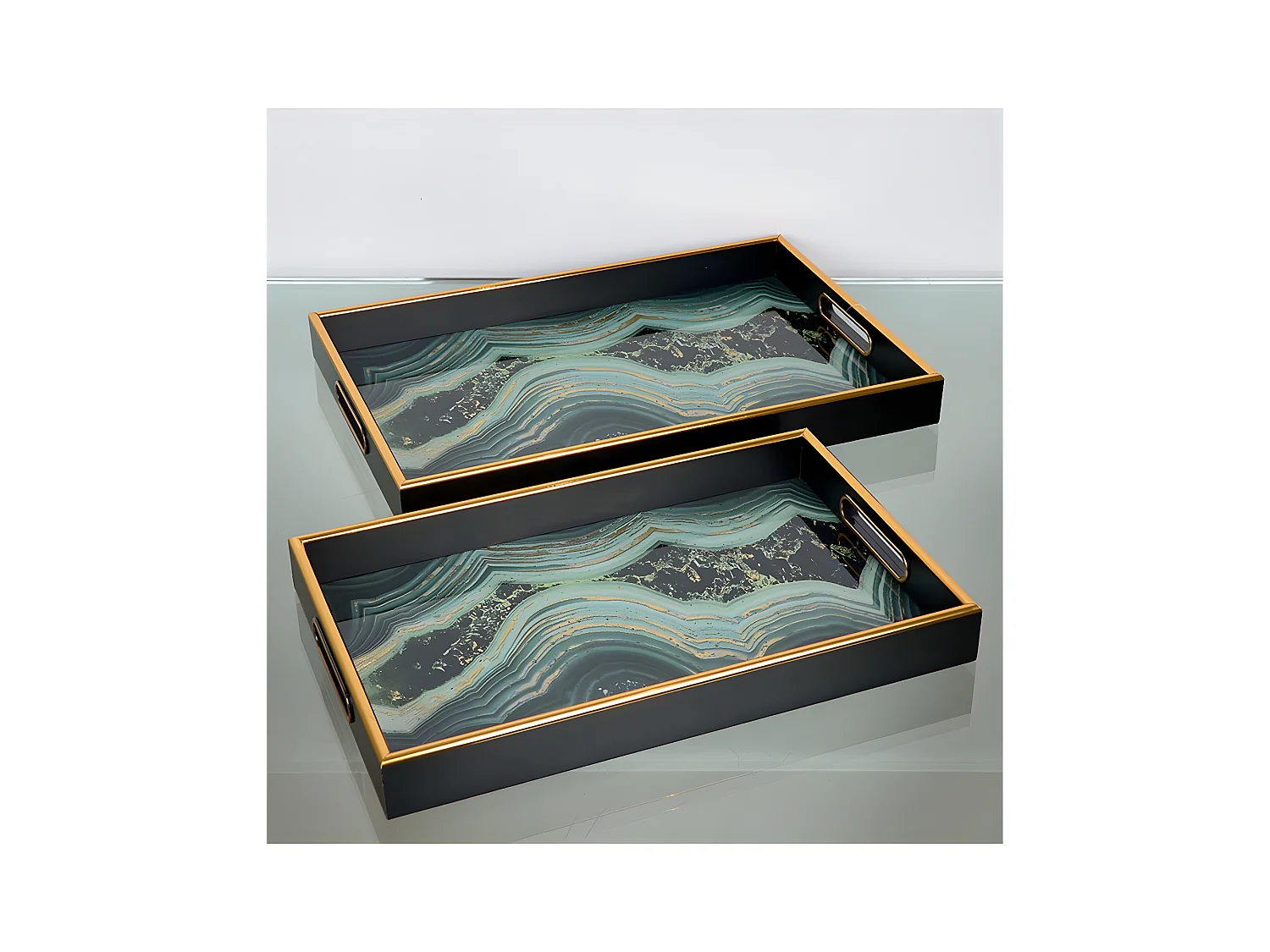 Juego de dos bandejas rectangulares con decorado mineral azul agata