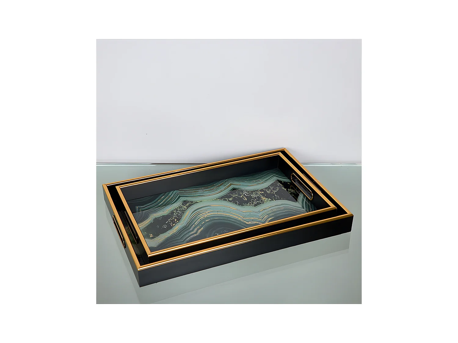 Juego de dos bandejas rectangulares con decorado mineral azul agata