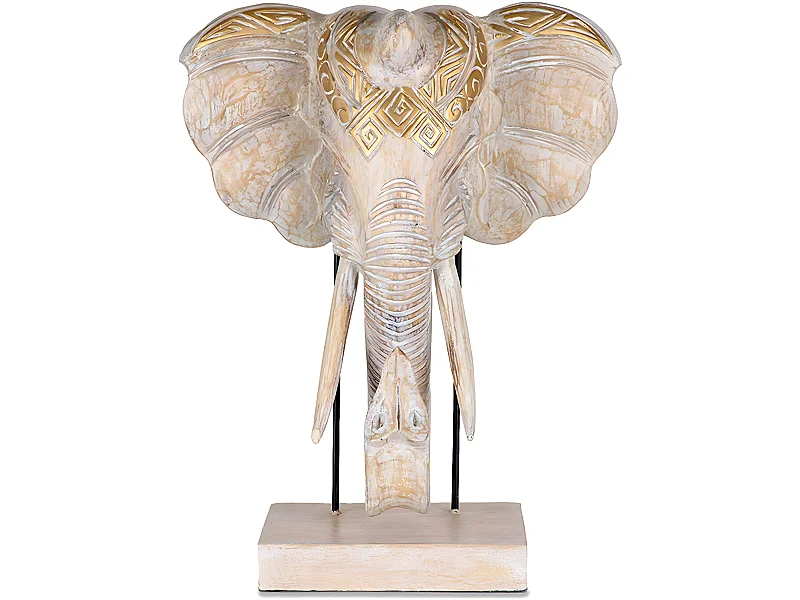 Cabeza de elefante nacarada con detalles dorados de madera mogambo