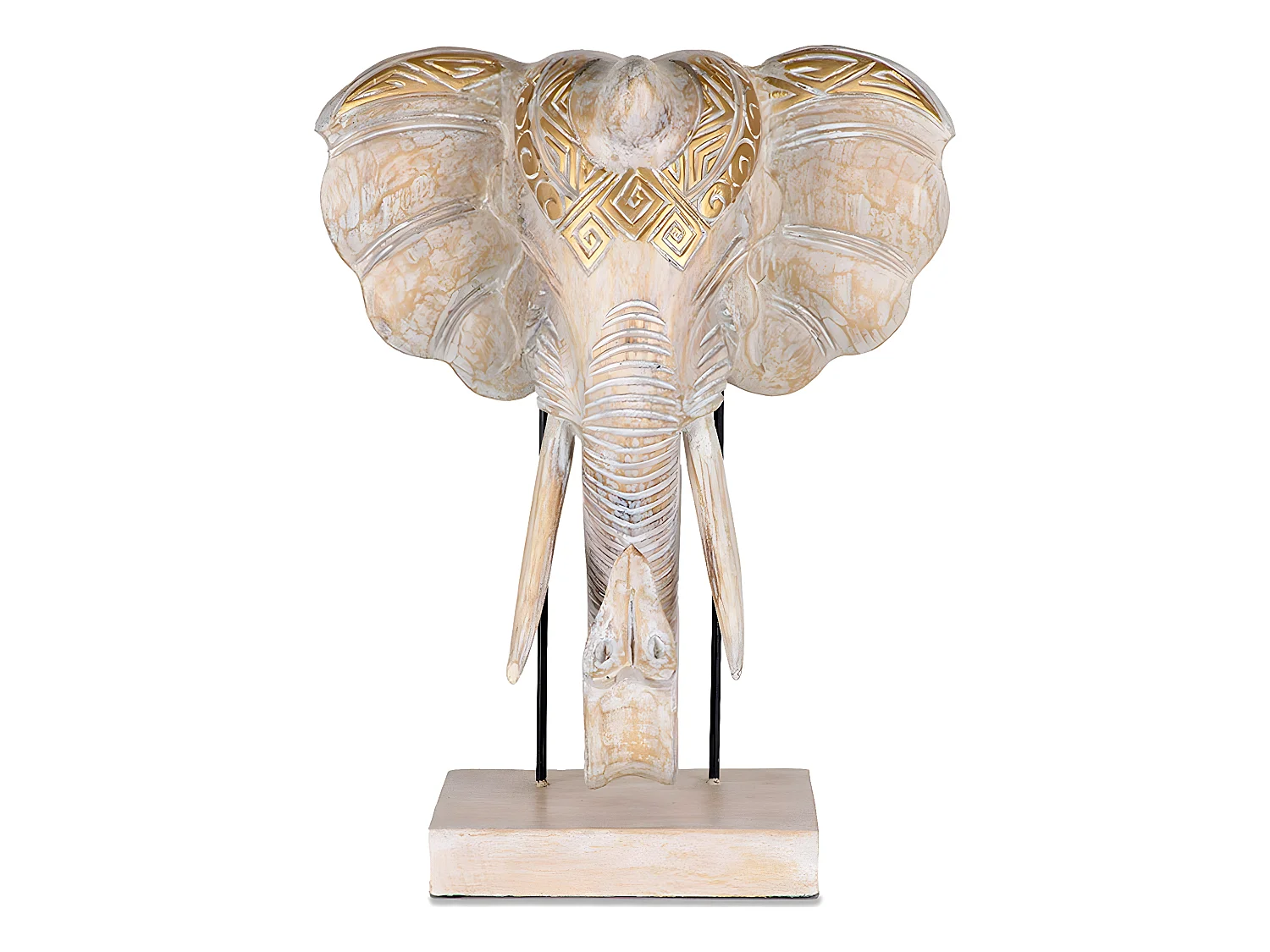 Cabeza de elefante nacarada con detalles dorados de madera mogambo