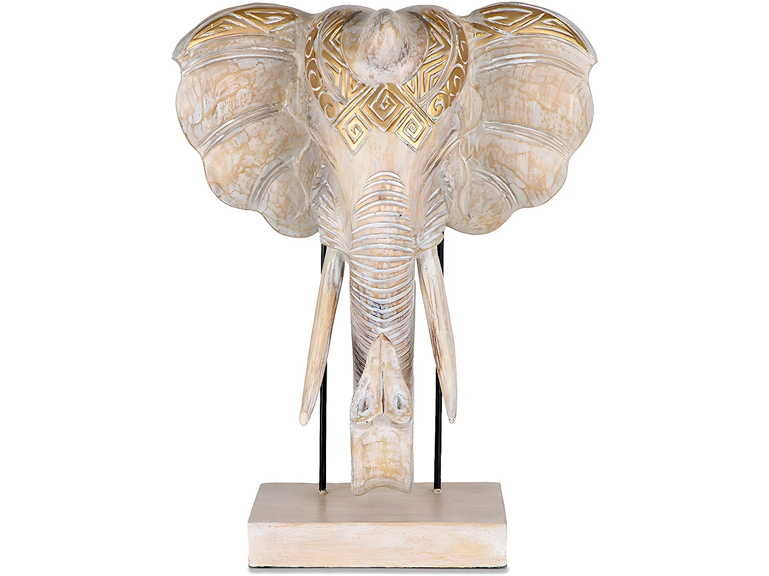Cabeza de elefante nacarada con detalles dorados de madera mogambo