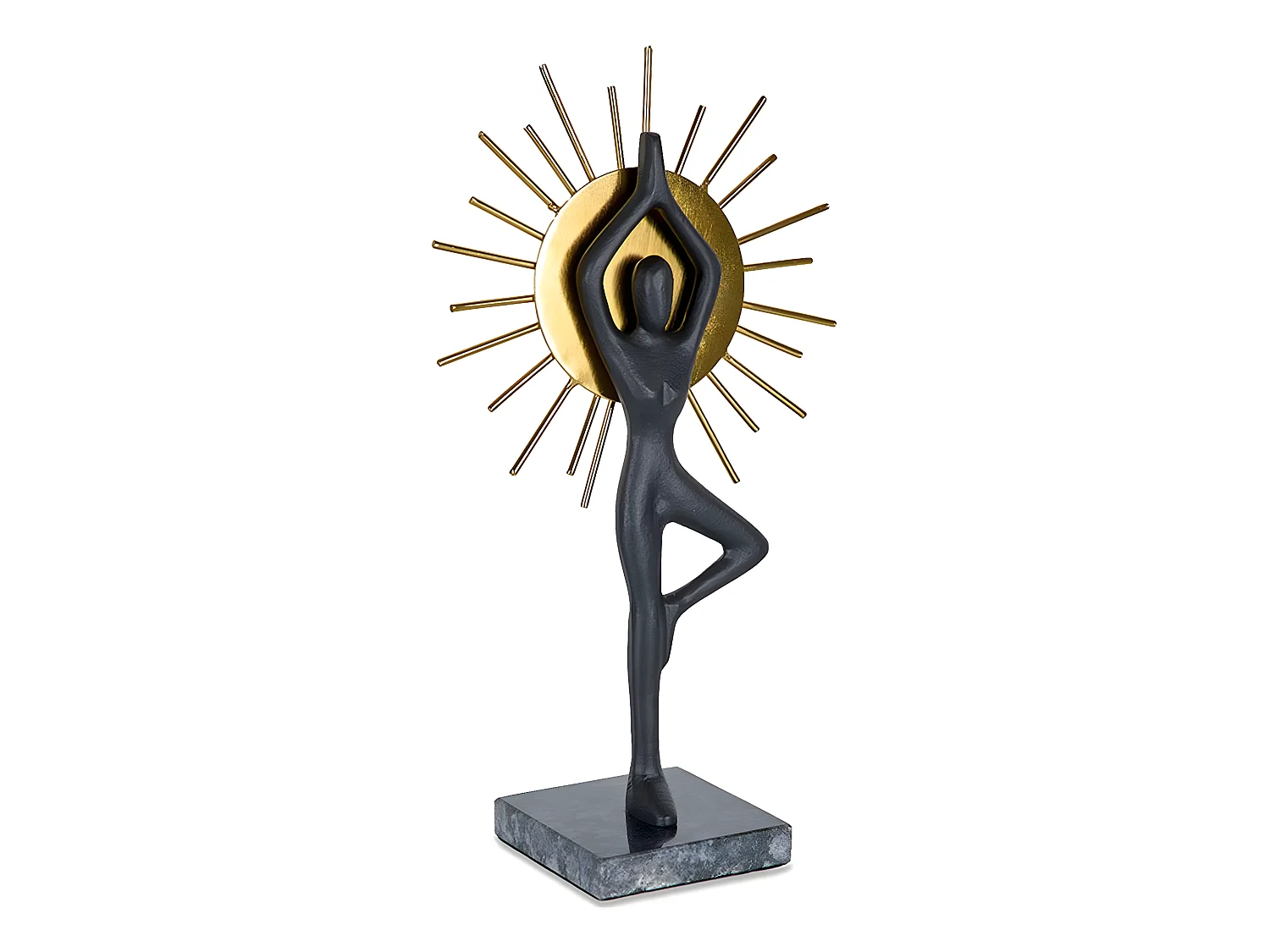 Figura de yoga de diseño sol en metal negro y dorado asana