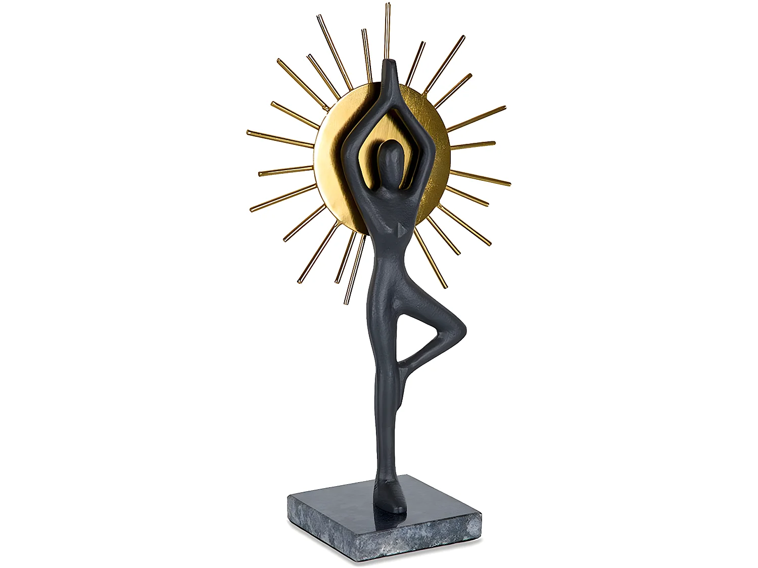 Figura de yoga de diseño sol en metal negro y dorado asana