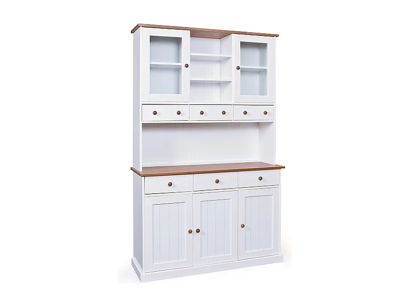 Wright Buffet 3 portes, 2 portes vitrées, 3 tiroirs, 3 espaces ouverts, blanc, marron.