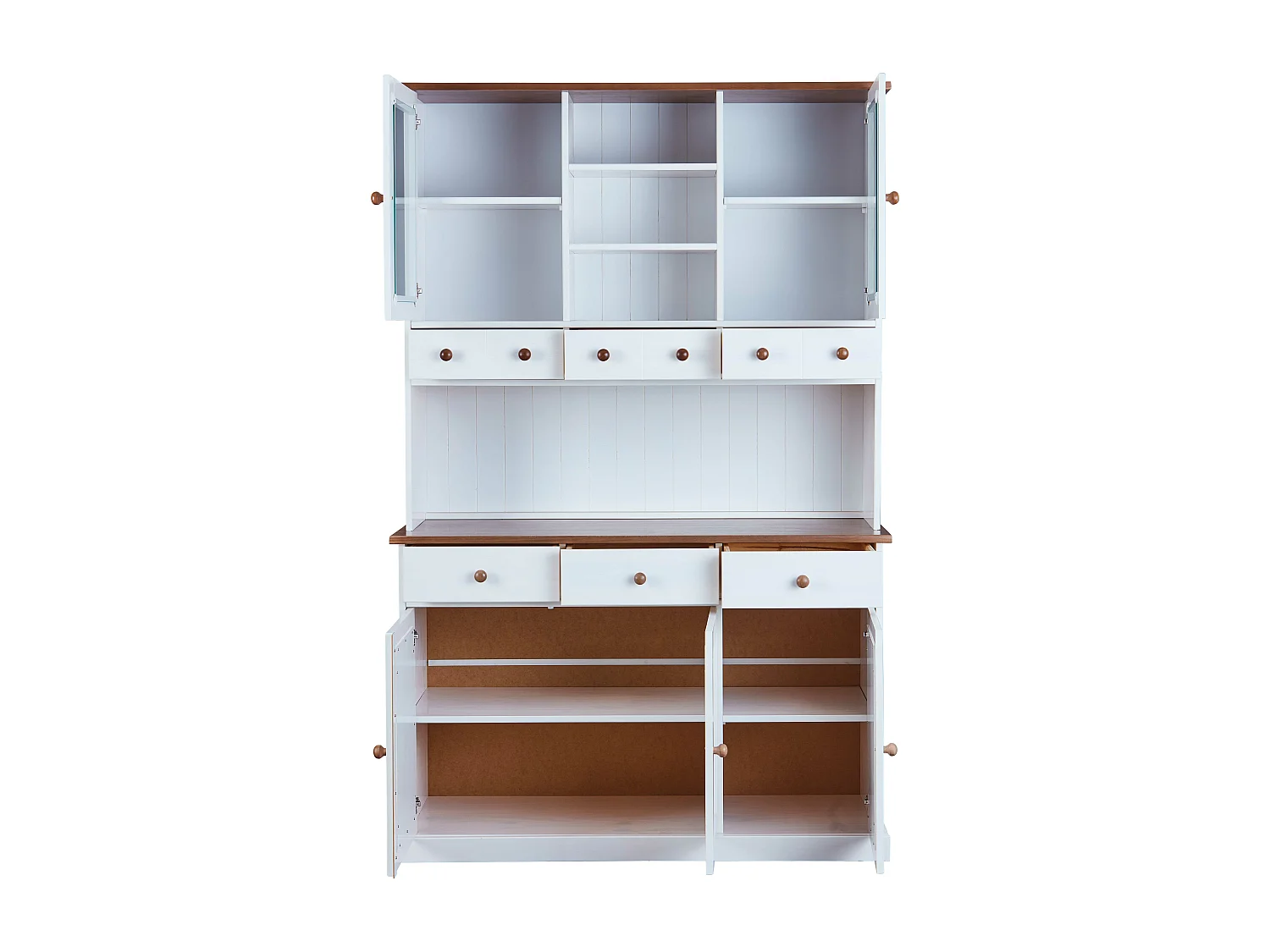 Wright Sideboard 3 Türen, 2 Glastüren, 3 Schubladen, 3 offene Fächer, weiss, braun.