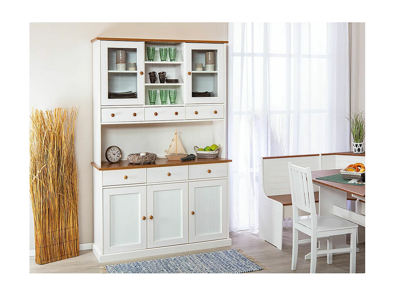 Wright Sideboard 3 Türen, 2 Glastüren, 3 Schubladen, 3 offene Fächer, weiss, braun.