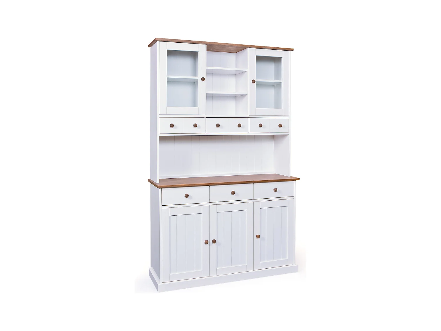 Wright Buffet 3 portes, 2 portes vitrées, 3 tiroirs, 3 espaces ouverts, blanc, marron.