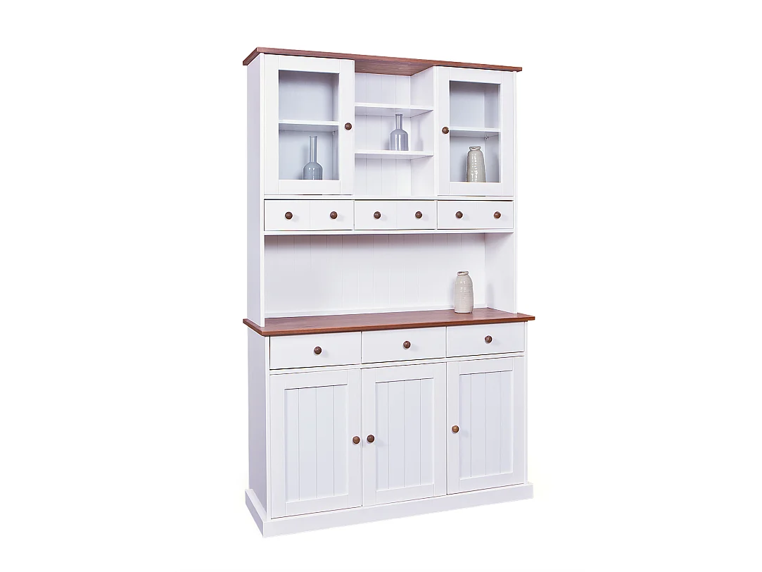 Wright Sideboard 3 Türen, 2 Glastüren, 3 Schubladen, 3 offene Fächer, weiss, braun.