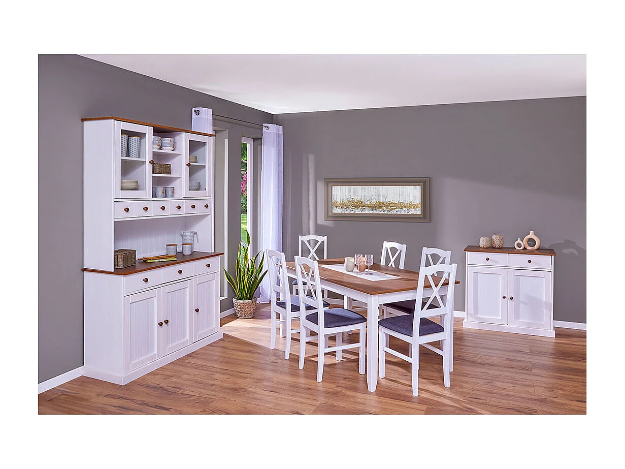 Wright Sideboard 3 Türen, 2 Glastüren, 3 Schubladen, 3 offene Fächer, weiss, braun.