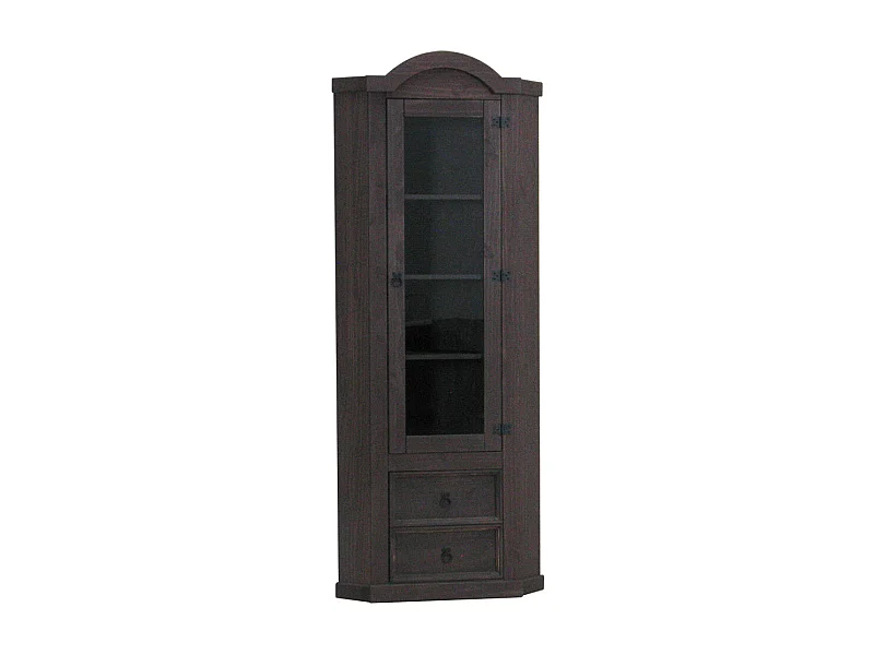 New Mexico Armoire d'angle avec 1 porte vitrée et 2 tiroirs, teinte/cire dans un style colonial.