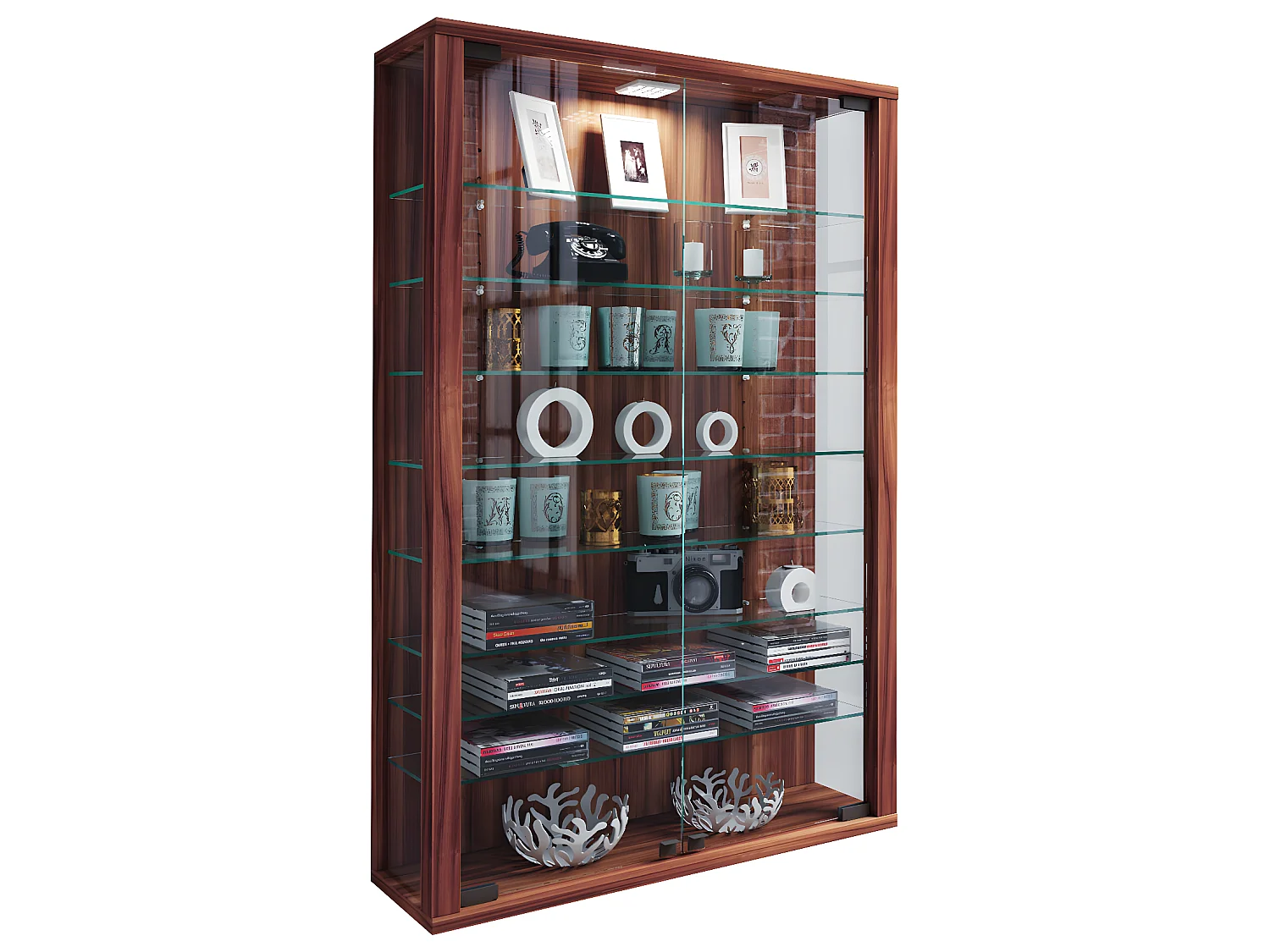 Vitrosa Mini Vitrine murale avec 2 portes vitrées, éclairage inclus, imitation noyer.