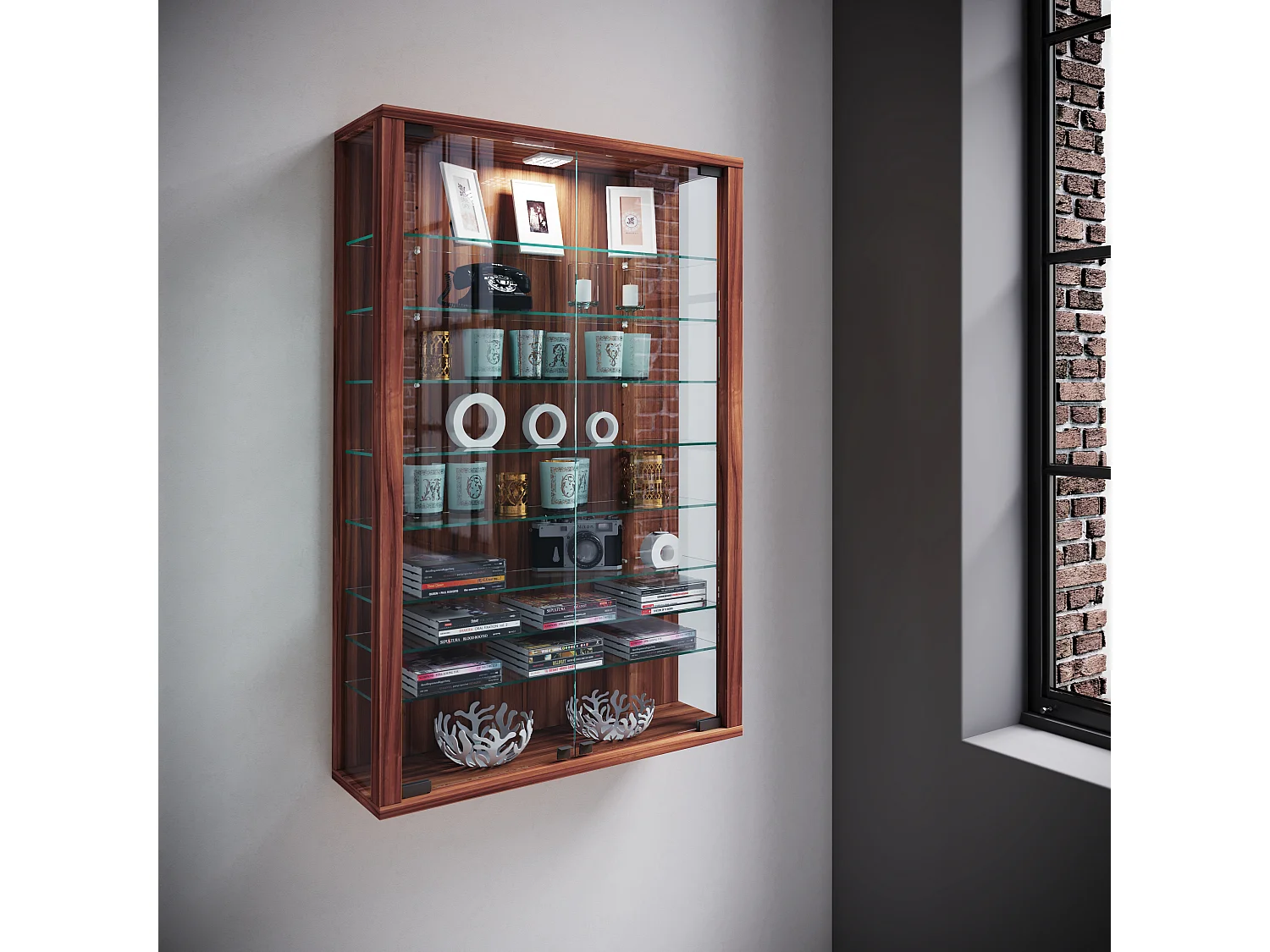 Vitrosa Mini Vitrine murale avec 2 portes vitrées, éclairage inclus, imitation noyer.