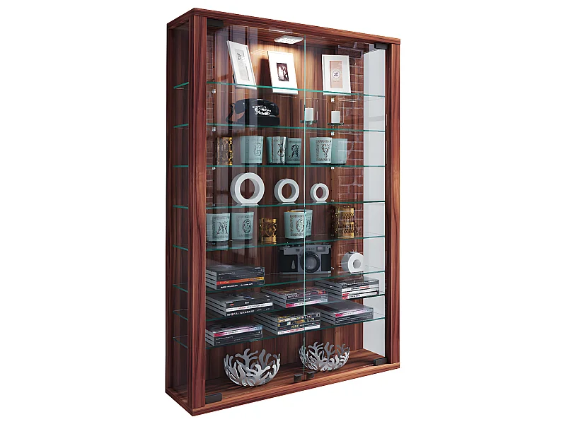 Vitrosa Mini Vitrinenschrank wandhängend mit 2 Glastüren und Licht Kern-Nussbaum dekor.