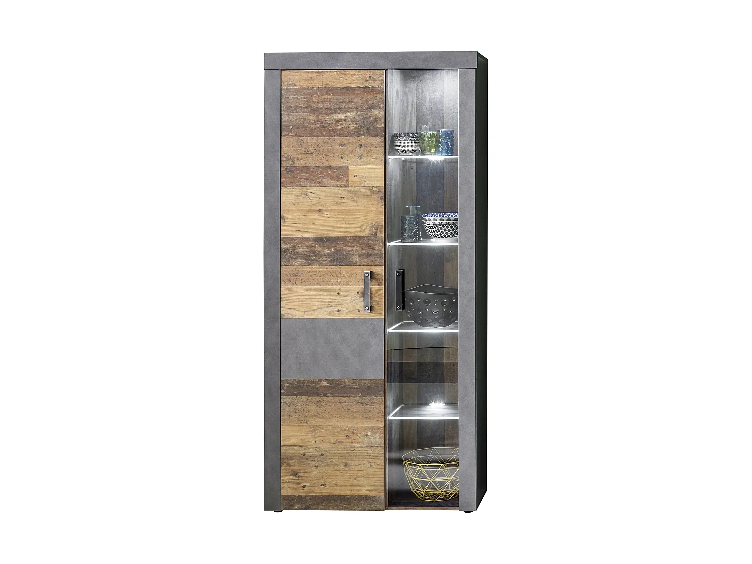 Irina Armoire vitrine 2 portes, lumière incluse pour étagère en verre, gris Matera, style vieux bois.