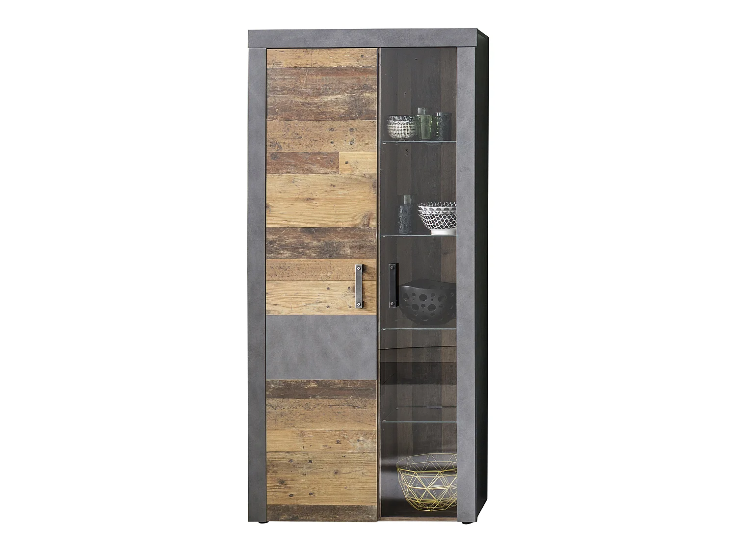 Irina vitrinekast 2 deuren, incl verlichting op glazen planken, grijs Matera, Old Wood decor.