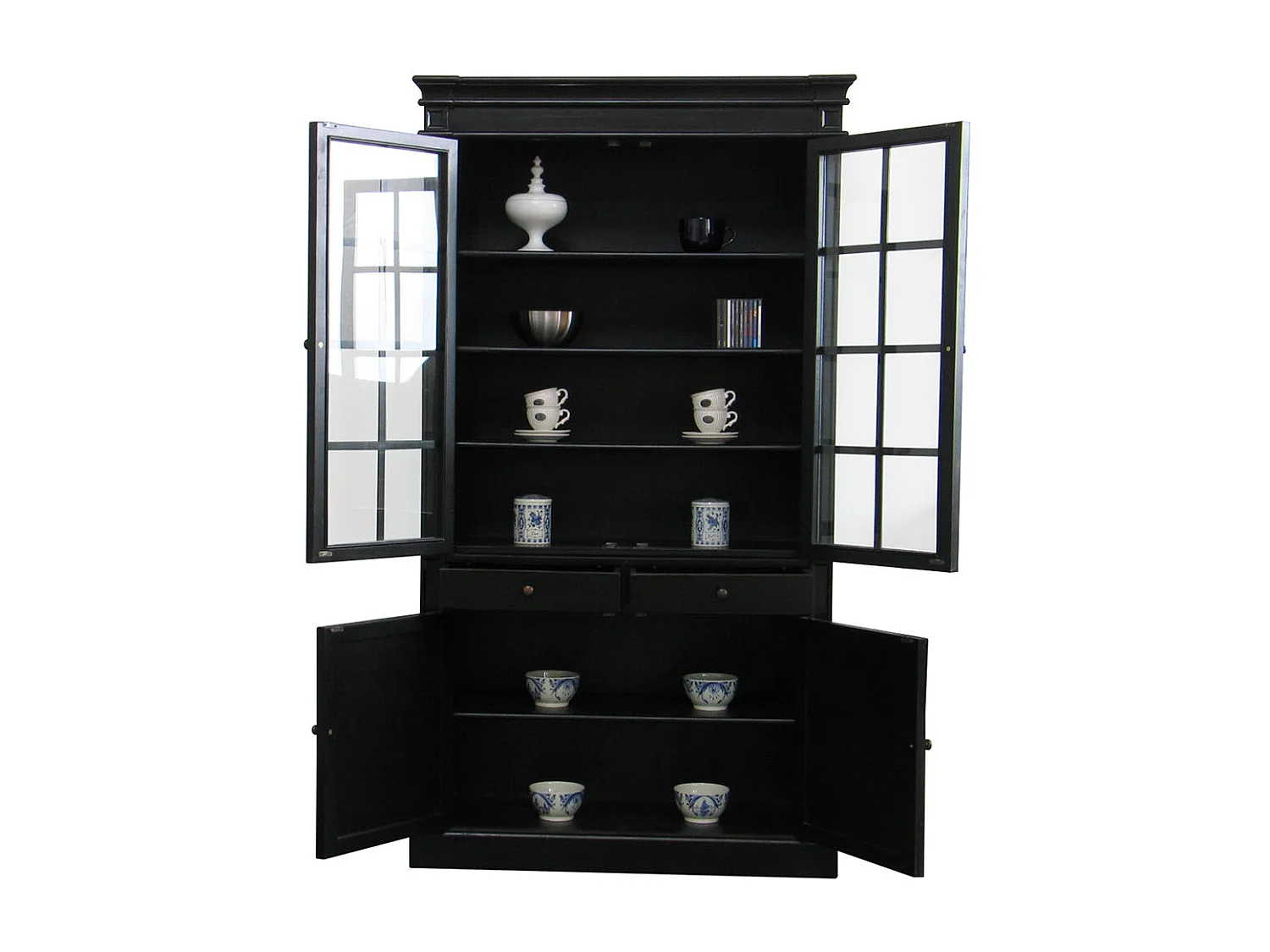 Amaretta Vitrine 2 portes largeur 110 cm, hauteur 200 cm, vintage patiné noir.