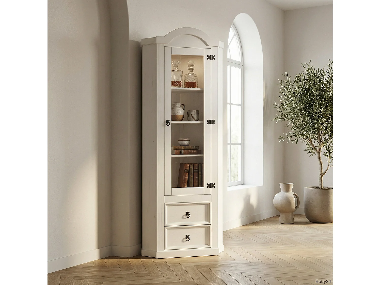 New Mexico Armoire d'angle avec 1 porte vitrée et 2 tiroirs, blanc ciré.