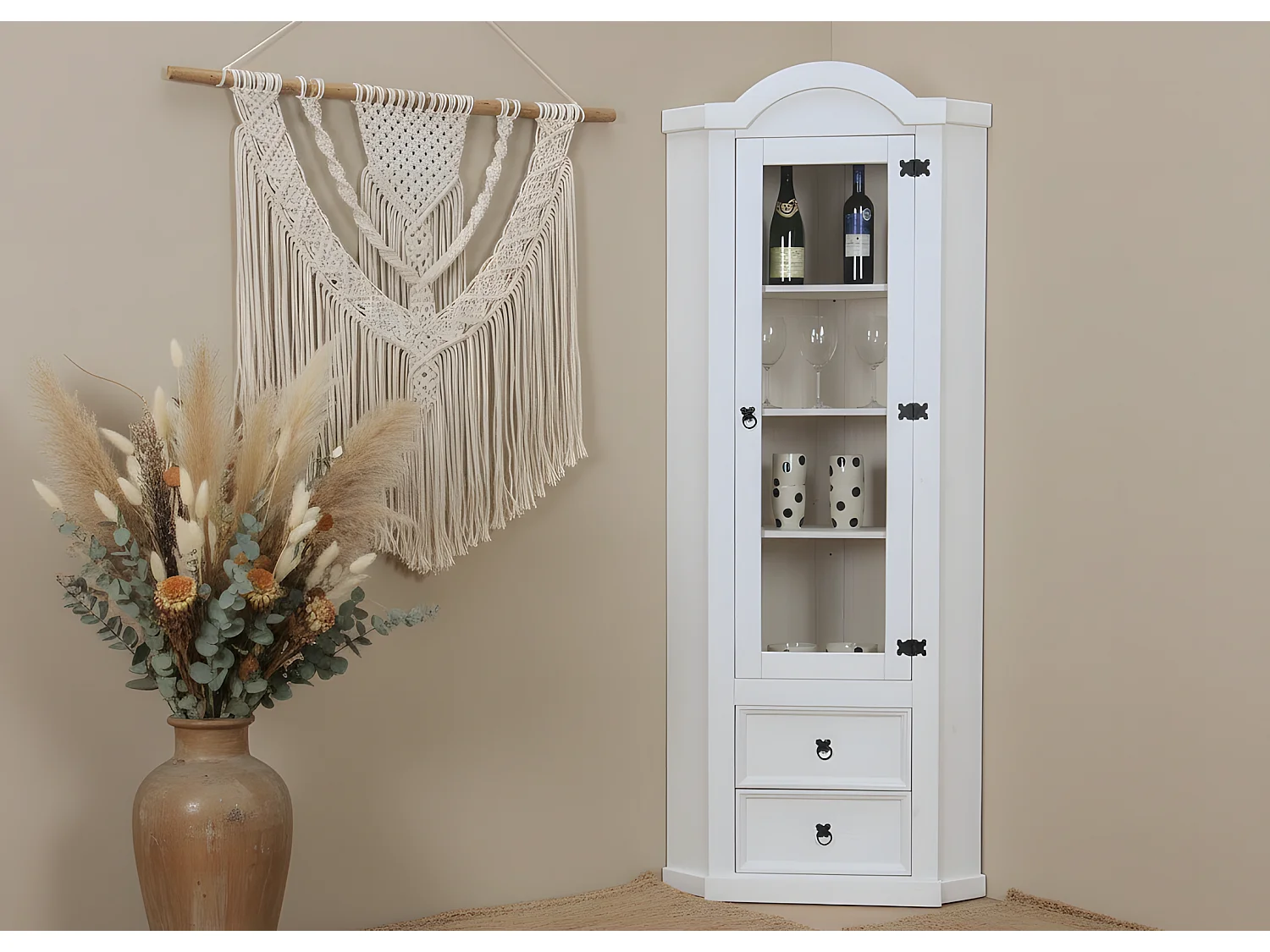 New Mexico Armoire d'angle avec 1 porte vitrée et 2 tiroirs, blanc ciré.