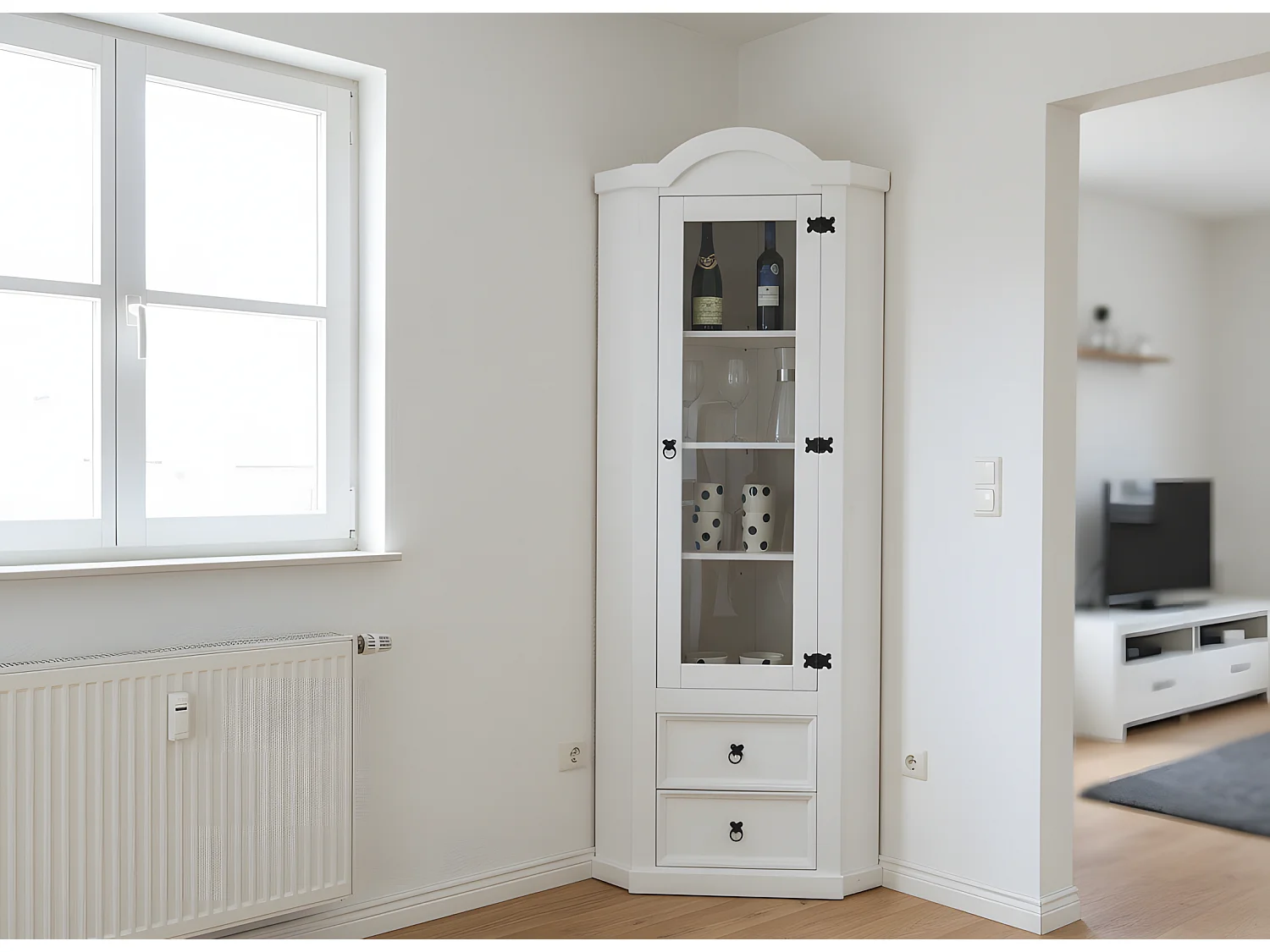 New Mexico Armoire d'angle avec 1 porte vitrée et 2 tiroirs, blanc ciré.