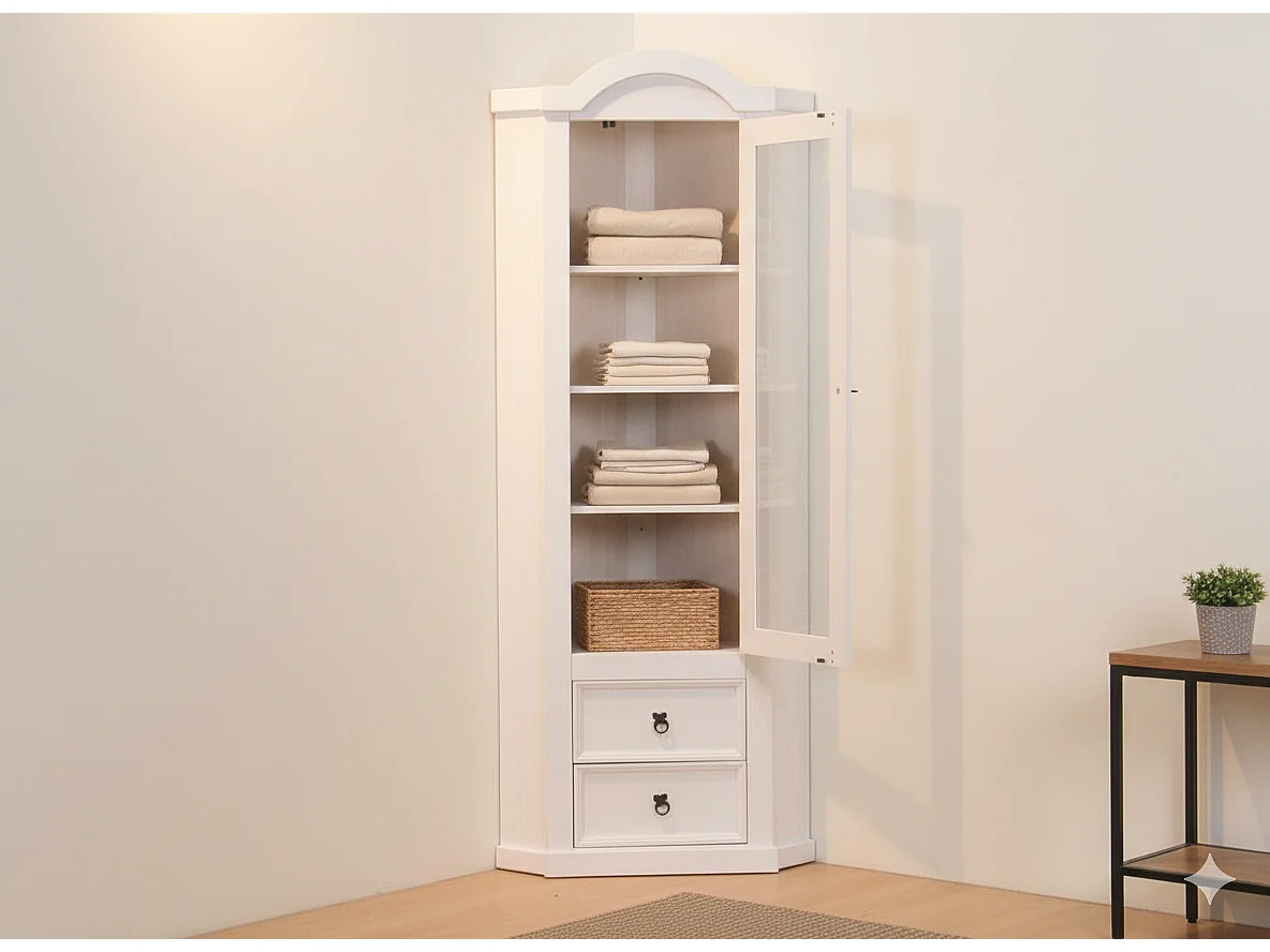 New Mexico Armoire d'angle avec 1 porte vitrée et 2 tiroirs, blanc ciré.