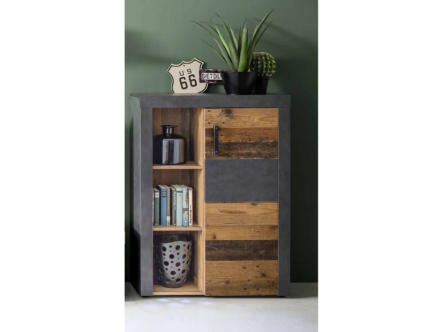 Irina Sideboard 1 Tür und 3 Ablagen, grau Matera, Old Wood Dekor.