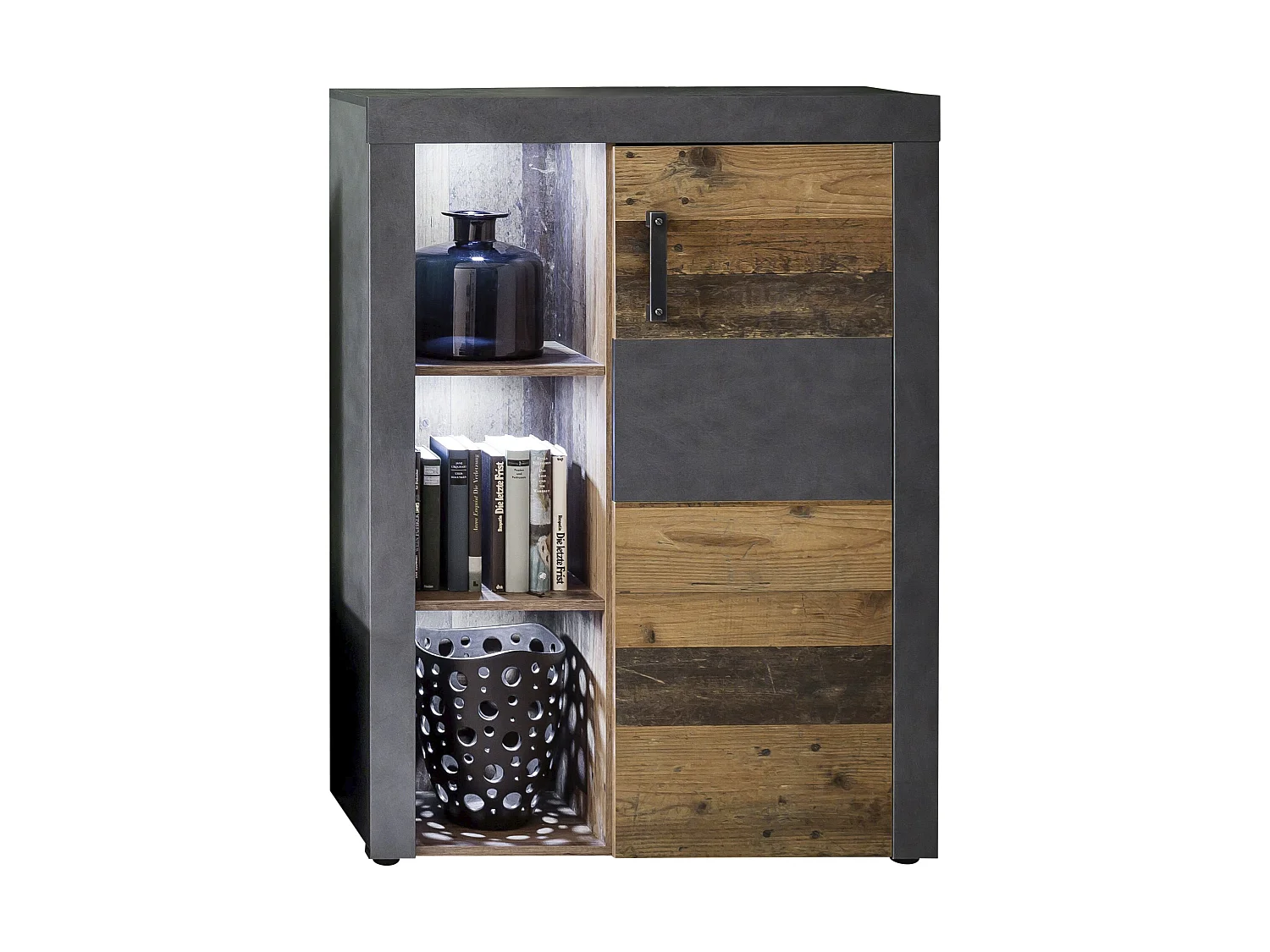Irina Buffet 1 porte et 3 tablettes de rangement, gris Matera, style vieux bois.
