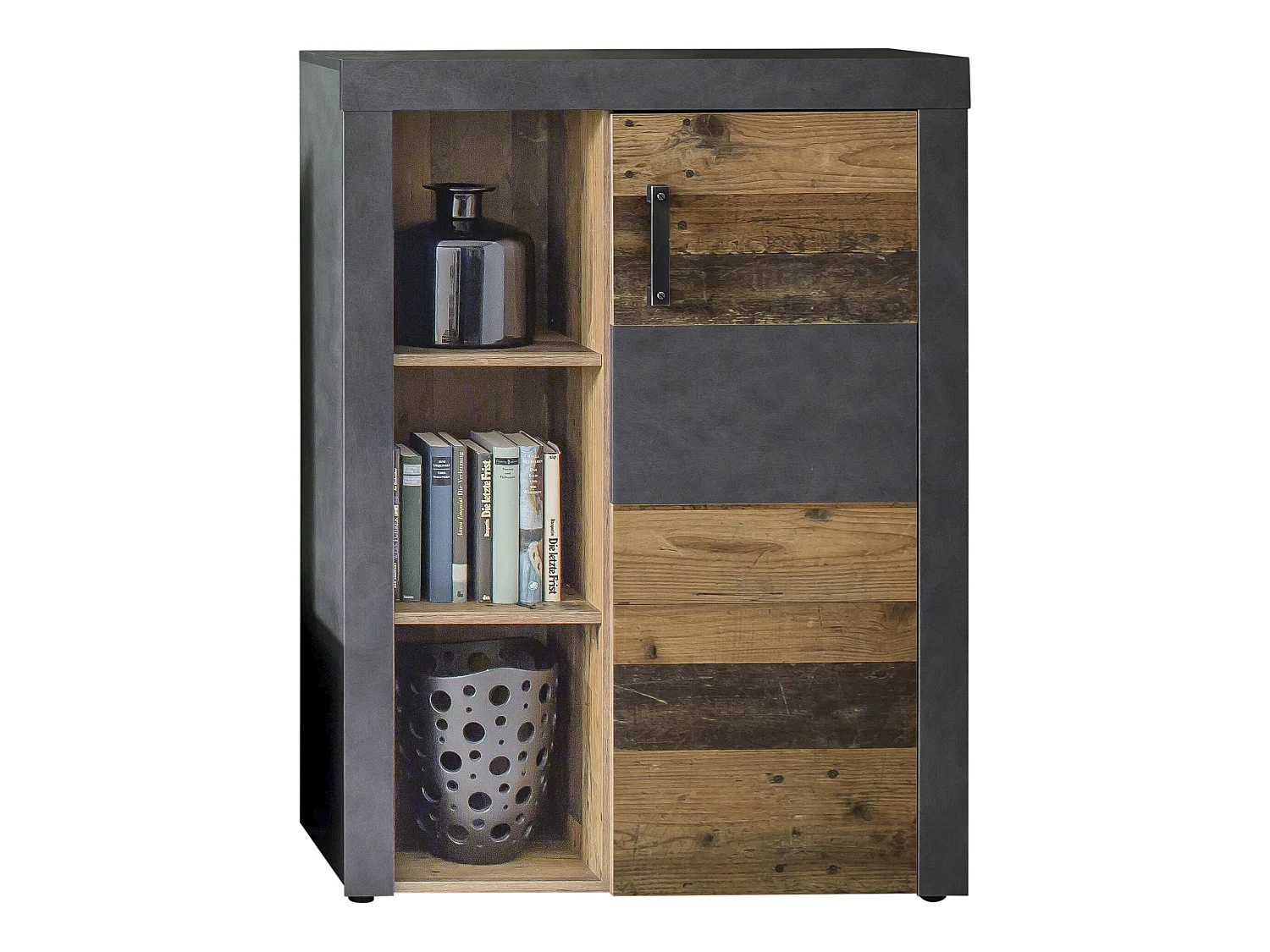 Irina Buffet 1 porte et 3 tablettes de rangement, gris Matera, style vieux bois.