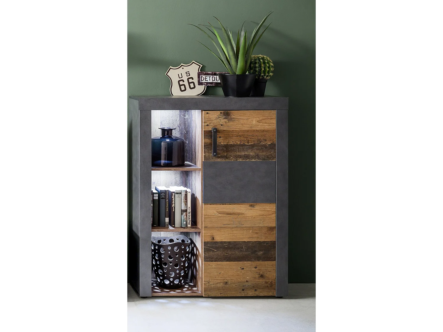 Irina Buffet 1 porte et 3 tablettes de rangement, gris Matera, style vieux bois.