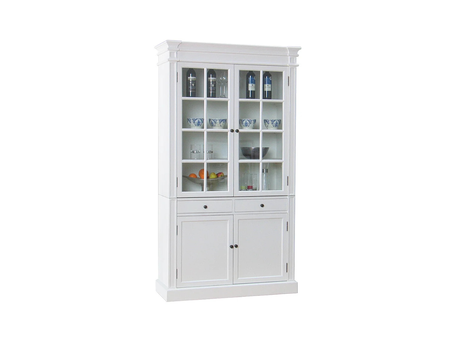 Mozart 2-deurs vitrinekast in antiek wit, antiek gepatineerd. Breedte 110 cm, hoogte 200 cm.