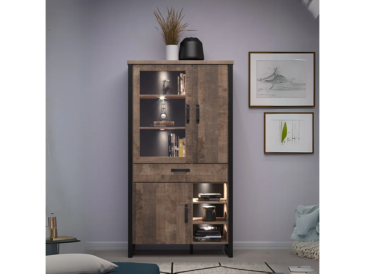 Grande vitrine 3 portes dont 1 avec verre trempé, 3 niches et 1 tiroir L106 cm - EMILE