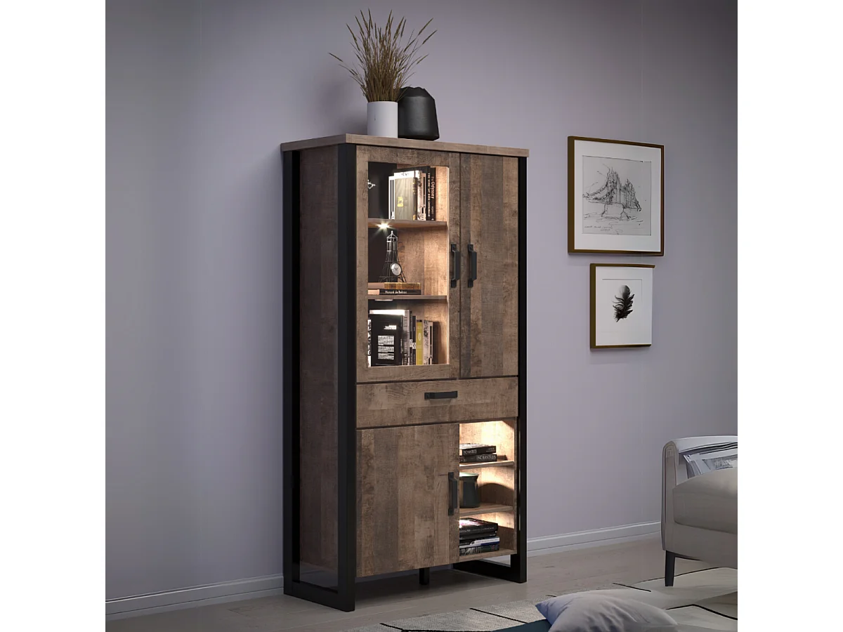 Grande vitrine 3 portes dont 1 avec verre trempé, 3 niches et 1 tiroir L106 cm - EMILE