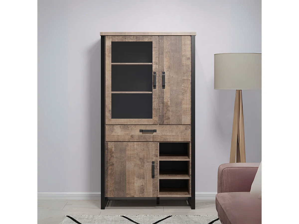 Grande vitrine 3 portes dont 1 avec verre trempé, 3 niches et 1 tiroir L106 cm - EMILE