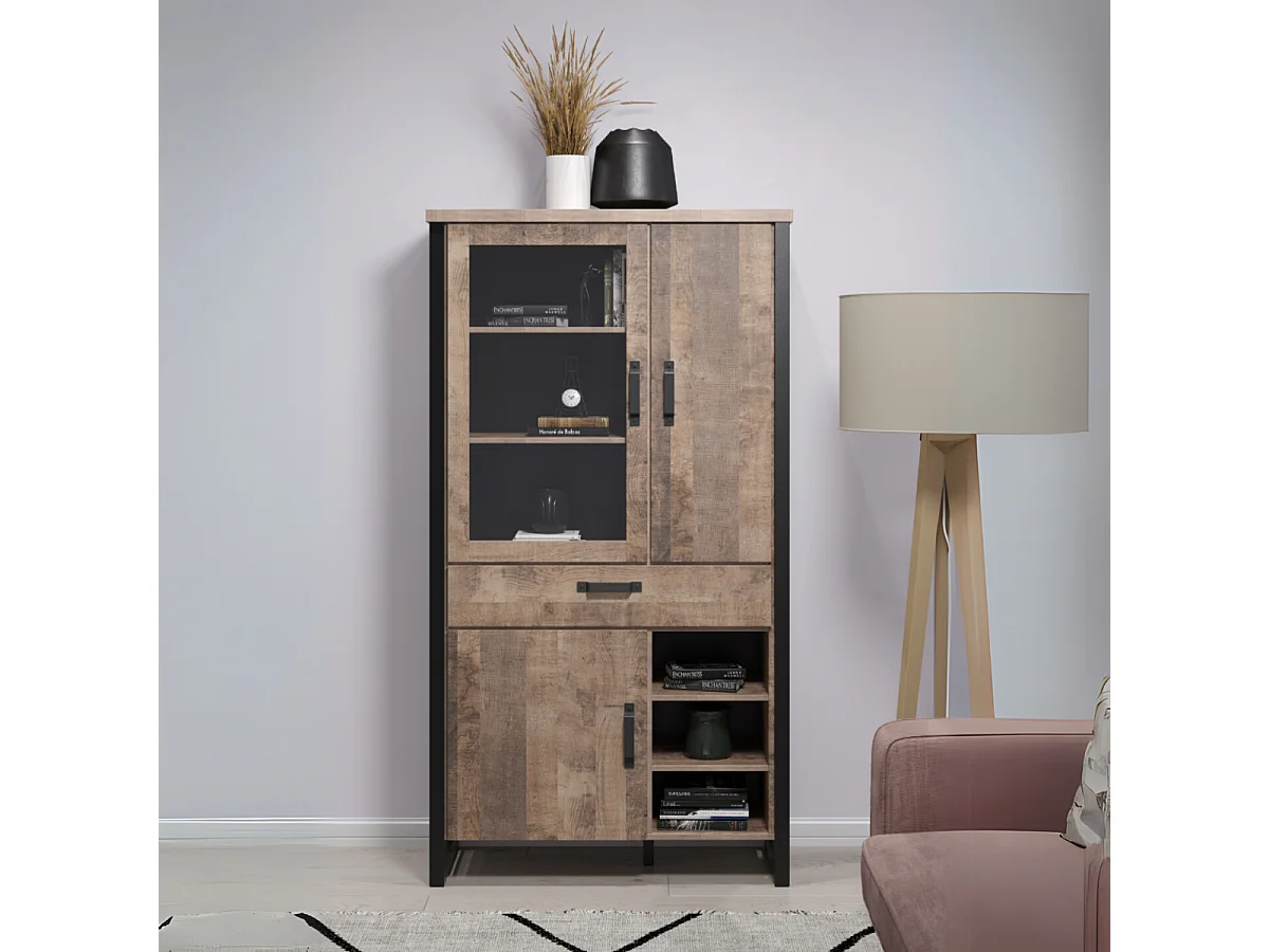 Grande vitrine 3 portes dont 1 avec verre trempé, 3 niches et 1 tiroir L106 cm - EMILE