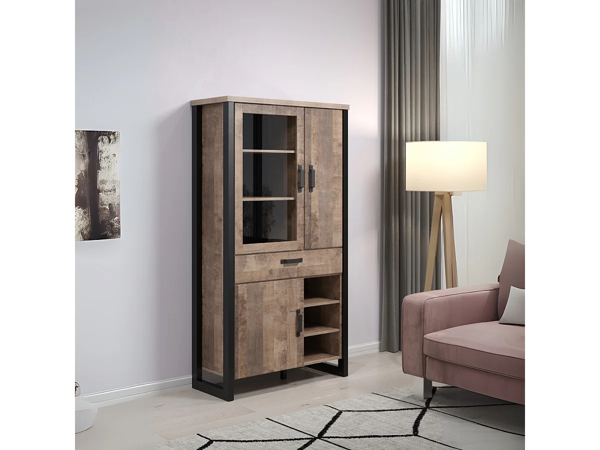 Grande vitrine 3 portes dont 1 avec verre trempé, 3 niches et 1 tiroir L106 cm - EMILE