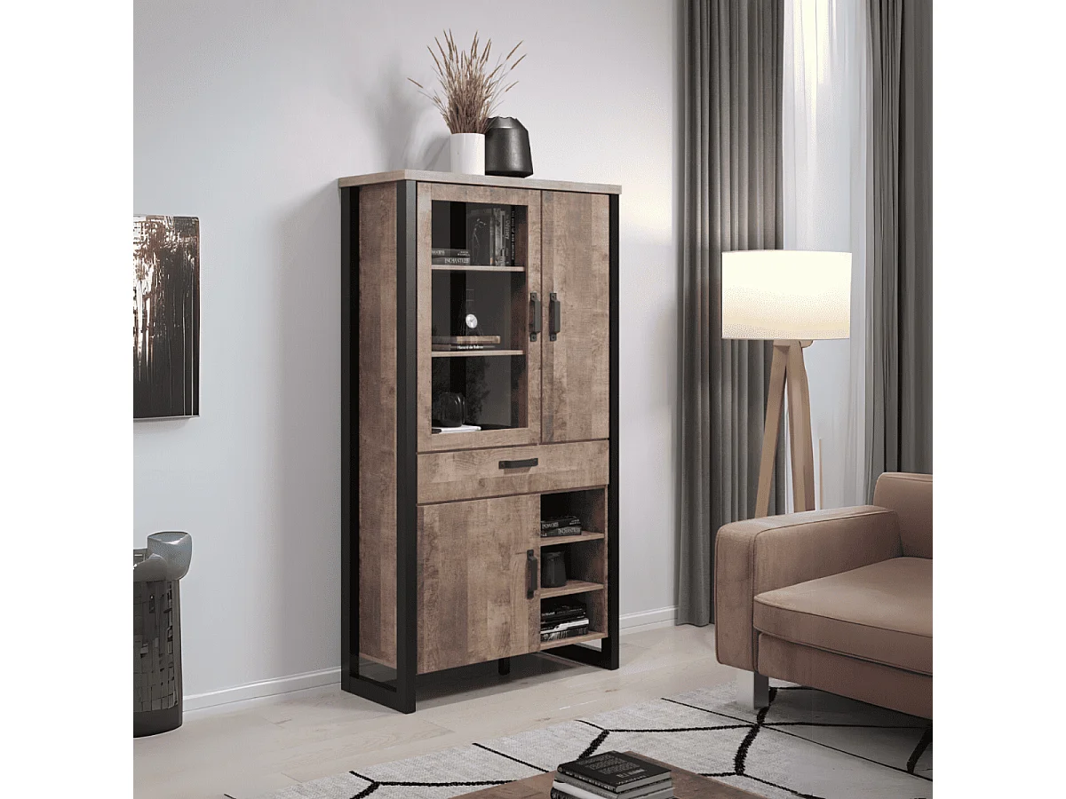 Grande vitrine 3 portes dont 1 avec verre trempé, 3 niches et 1 tiroir L106 cm - EMILE