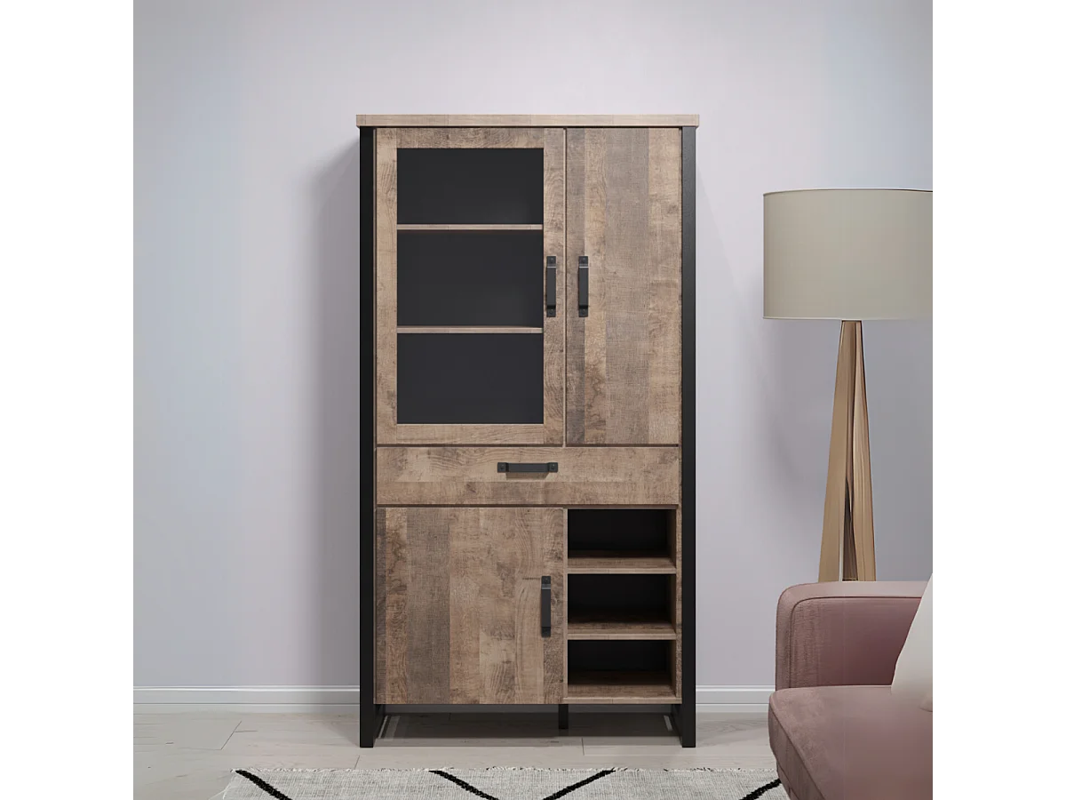 Grande vitrine 3 portes dont 1 avec verre trempé, 3 niches et 1 tiroir L106 cm - EMILE