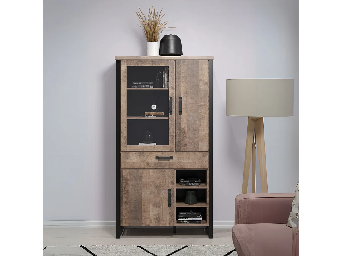 Grande vitrine 3 portes dont 1 avec verre trempé, 3 niches et 1 tiroir L106 cm - EMILE