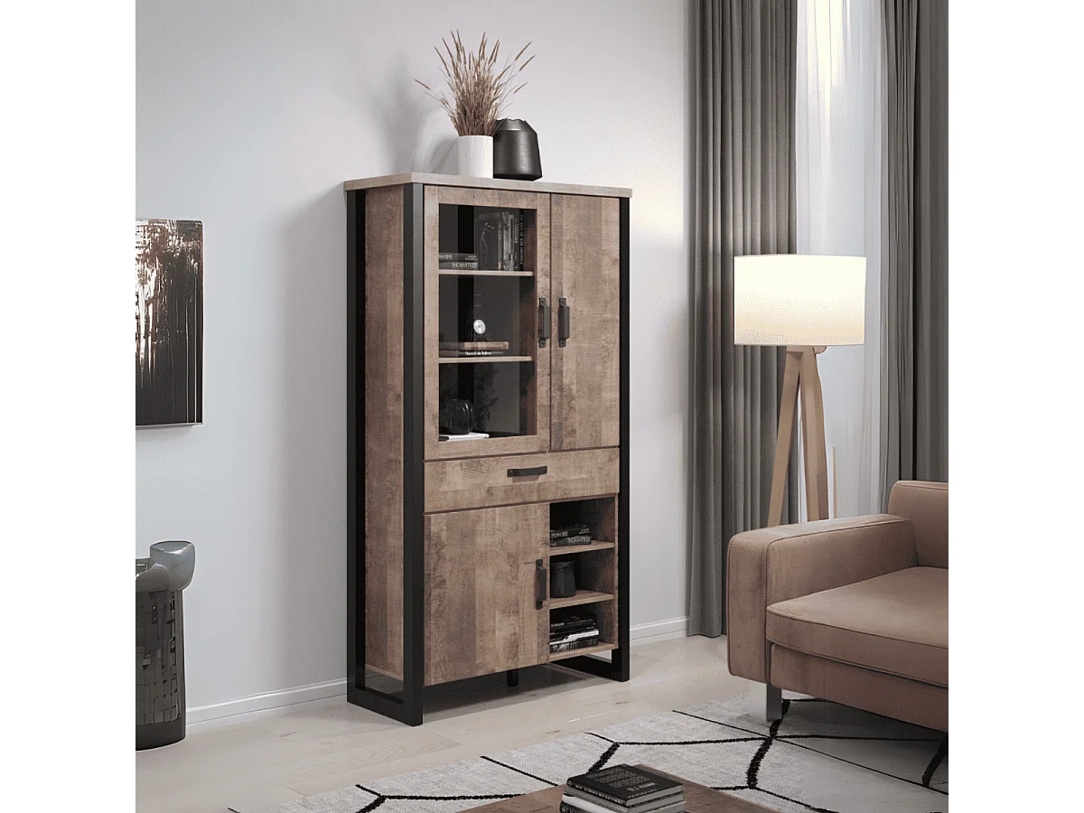 Grande vitrine 3 portes dont 1 avec verre trempé, 3 niches et 1 tiroir L106 cm - EMILE