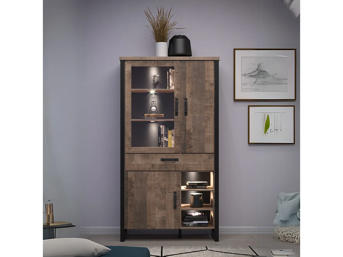 Grande vitrine 3 portes dont 1 avec verre trempé, 3 niches et 1 tiroir L106 cm - EMILE