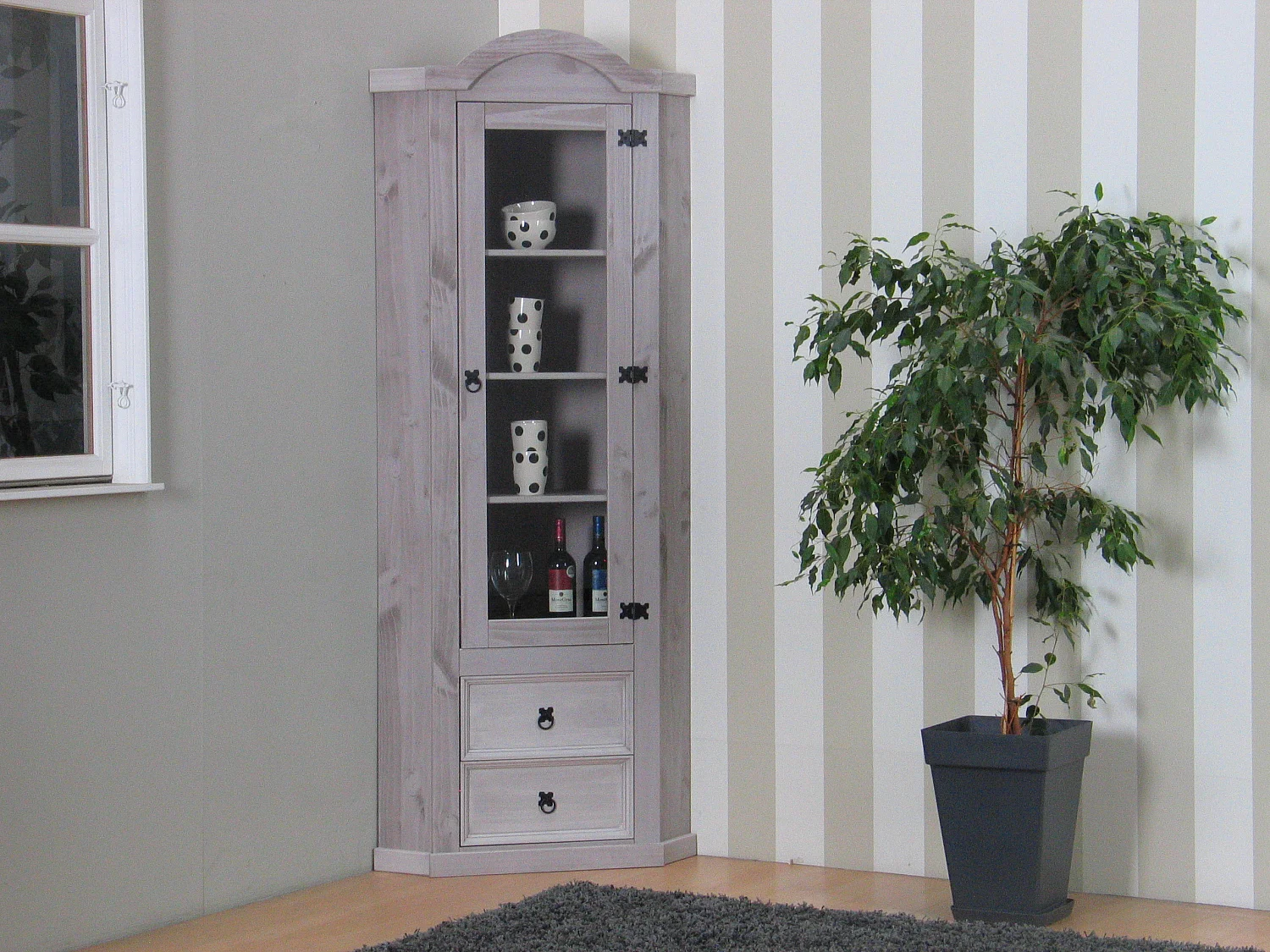 New Mexico Armoire d'angle Mexico avec 1 porte vitrée et 2 tiroirs, en gris.