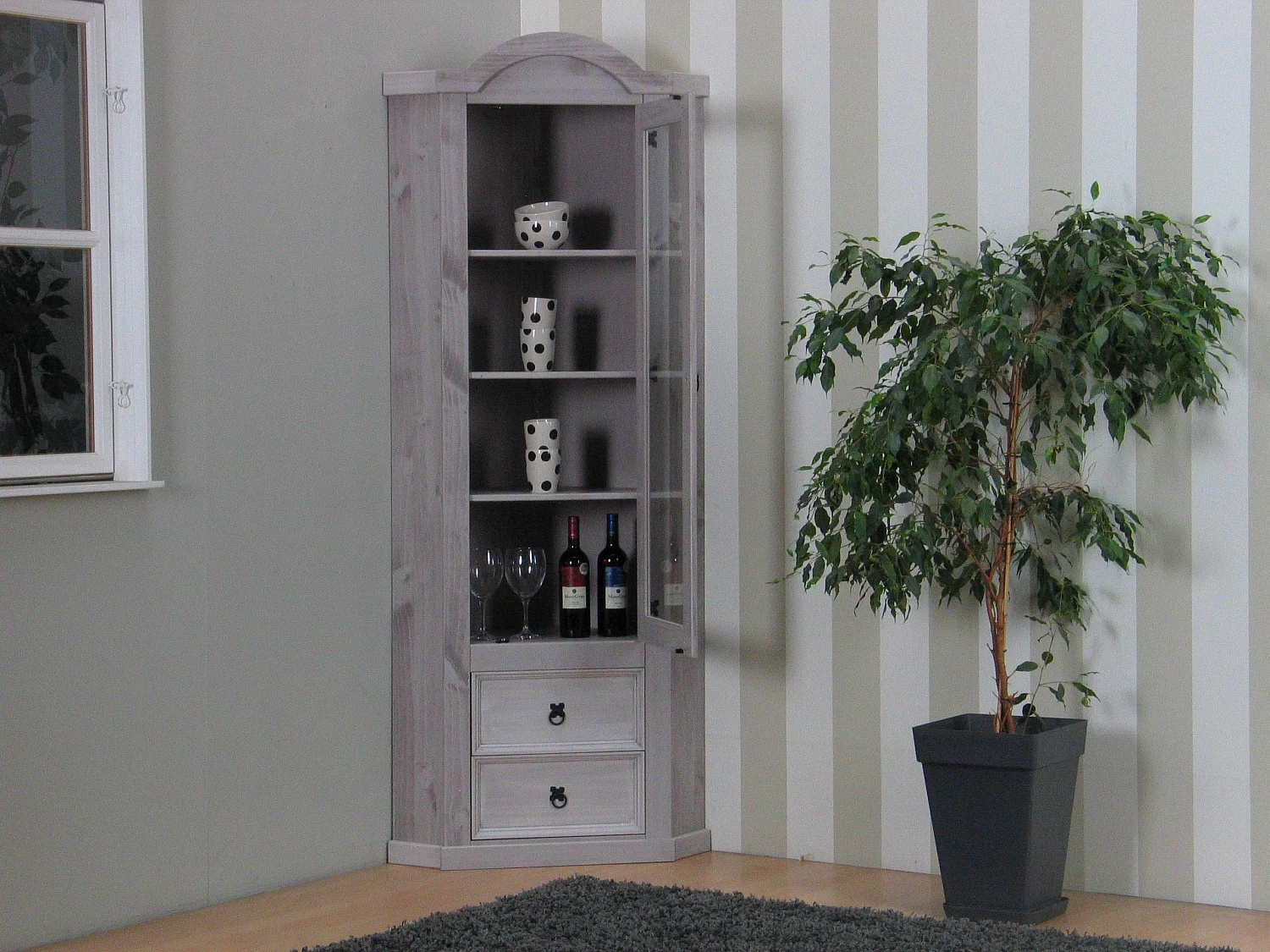 New Mexico hoekkast hoekvitrine grijs grenen.