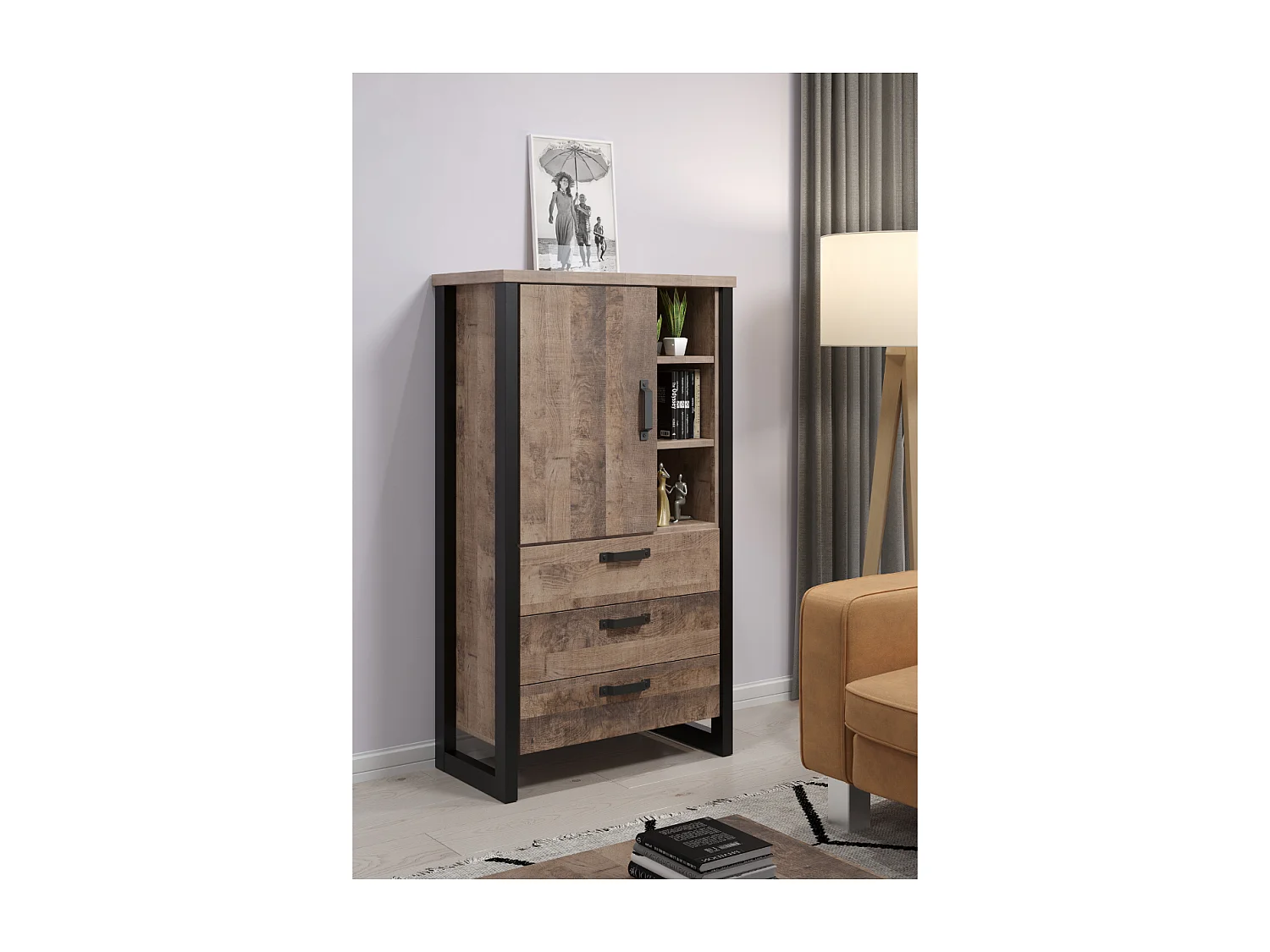 Buffet haut 1 porte, 3 tiroirs et 3 niches L87 cm - EMILE