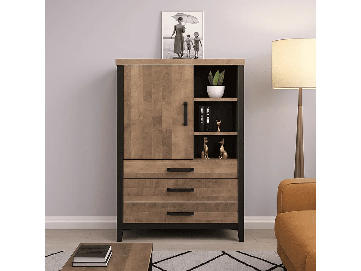 Buffet haut 1 porte, 3 tiroirs et 3 niches L87 cm - EMILE